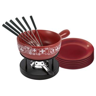 Set &agrave; fondue au fromage Suisse rouge &Oslash; 23 cm avec assiettes